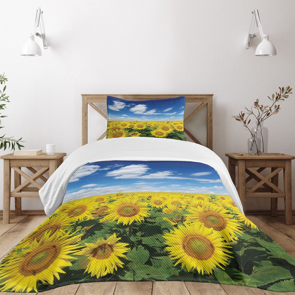 Ambesonne Sunflower Bedspread Set, Fresh Sunflowers Field Under Clear Sky Clouds Countryside Farm Picture, 3 Piece Decorative Bedding Coverlet and 2 Pillow Shams, Twin Size, Blue Green Yellow