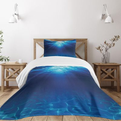 Ambesonne Ocean Bedspread Set, Underwater View Sandy Seabed Aquatic Scenes Sunbeams Nature Picture Print, 3 Piece Decorative Bedding Coverlet and 2 Pillow Shams, Twin Size, Navy Blue Aqua