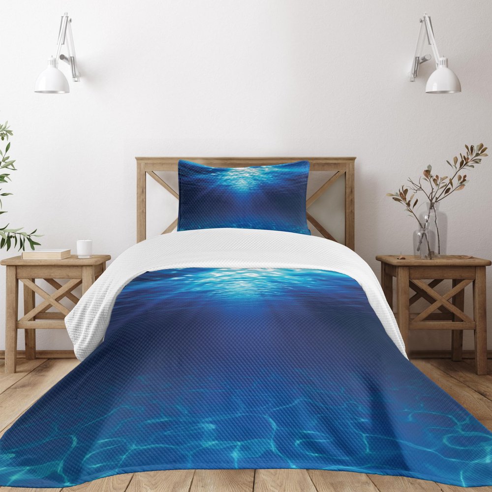 Ambesonne Ocean Bedspread Set, Underwater View Sandy Seabed Aquatic Scenes Sunbeams Nature Picture Print, 3 Piece Decorative Bedding Coverlet and 2 Pillow Shams, Twin Size, Navy Blue Aqua