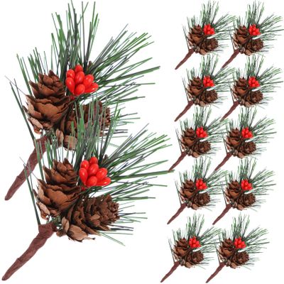 10pcs Artificial Pine Picks with Berries Pinecones Christmas Trees Decoration Stems Flower Arrangements Wreaths