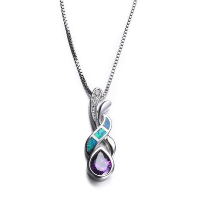 Jewelryamintra Amethyst & Blue Fire Opal Silver Plated Pendant Necklace Box Chain Women Gifts