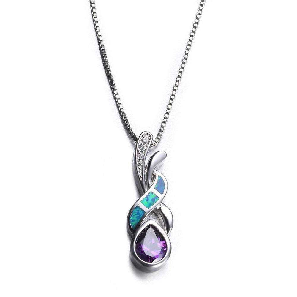 Jewelryamintra Amethyst & Blue Fire Opal Silver Plated Pendant Necklace Box Chain Women Gifts