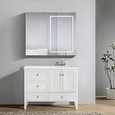 Krugg LED Medicine Cabinet 42 Inch X 36 Inch | Recessed or Surface Mount Mirror Cabinet w/Dimmer & Defogger + 3X Makeup Mirror Inside & Outlet + USB (Right Side Light)