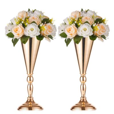 2 Pcs Set Metal Wedding Flower Trumpet Vase Stand, 14 inch Table Decorative Centerpiece Artificial Flower Arrangements for Anniversary Ceremony Party Birthday Event Aisle Home Decoration (Gold)