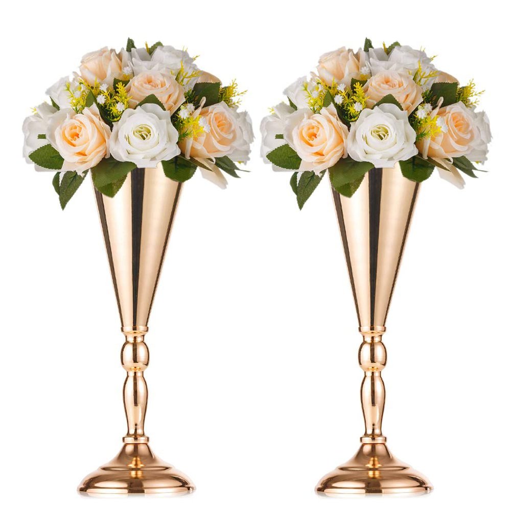 2 Pcs Set Metal Wedding Flower Trumpet Vase Stand, 14 inch Table Decorative Centerpiece Artificial Flower Arrangements for Anniversary Ceremony Party Birthday Event Aisle Home Decoration (Gold)