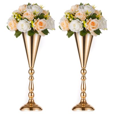 2 Pcs Tabletop Metal Wedding Flower Trumpet Vase, 16.5 inch Tall Table Decorative Centerpiece, Artificial Flower Arrangements for Anniversary Ceremony Party Birthday Event Aisle Home Decoration (Gold)