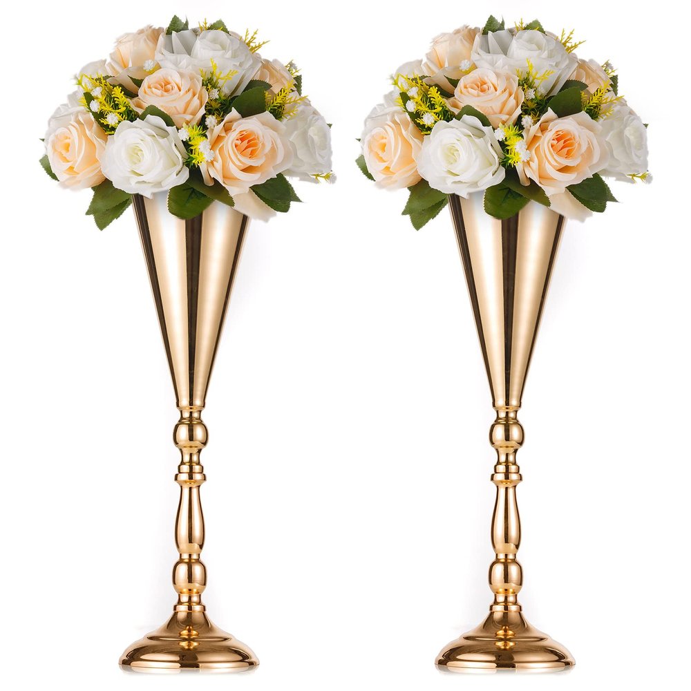 2 Pcs Tabletop Metal Wedding Flower Trumpet Vase, 16.5 inch Tall Table Decorative Centerpiece, Artificial Flower Arrangements for Anniversary Ceremony Party Birthday Event Aisle Home Decoration (Gold)