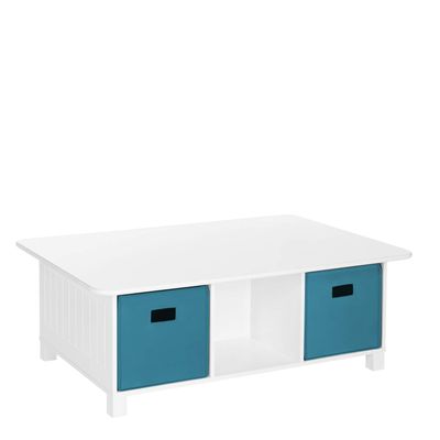 RiverRidge Kids 6 Cubby Storage 2pc Activity Table, White with Turquoise Bins