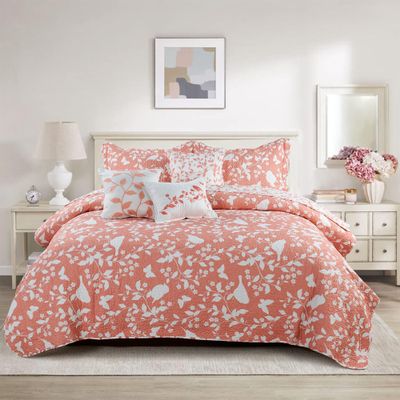 Home Soft Things Birdsong Bedspread Set, Soft Lightweight Reversible Quilt Coverlet Bedspread Bedding Set Cover for All Season, Oversize 122" x 106", Coral