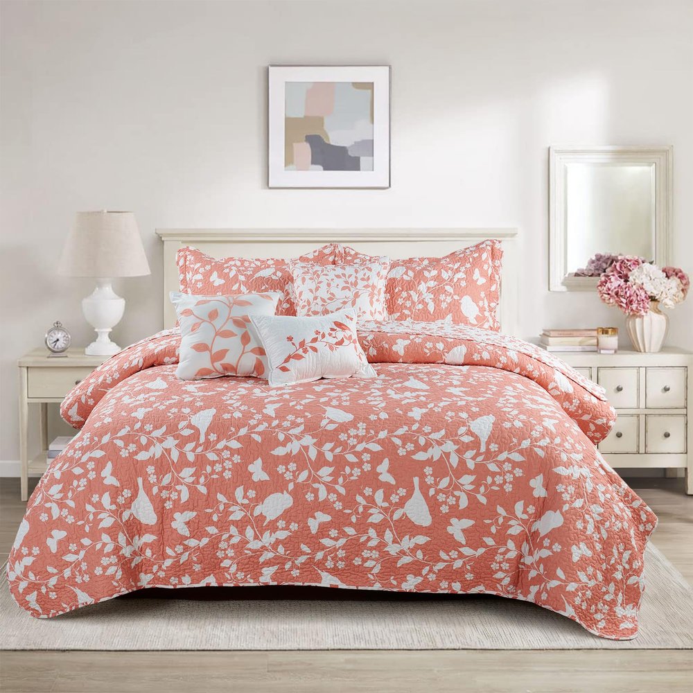 Home Soft Things Birdsong Bedspread Set, Soft Lightweight Reversible Quilt Coverlet Bedspread Bedding Set Cover for All Season, Oversize 122" x 106", Coral