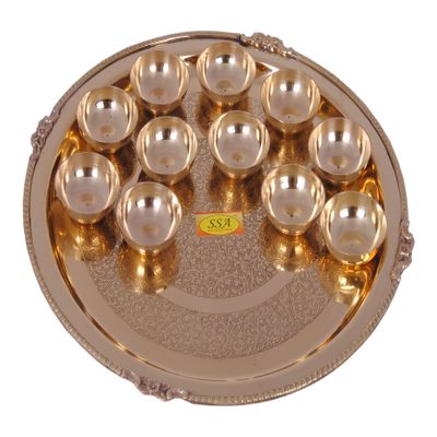 SHIV SHAKTI ARTS Handmade Pure Set of 11 Brass Diya Pooja Thali Set 12 pcs (1 Pooja Thali Embossed karvi Designed +11 Brass diyas) for Diwali Laxmi Poojan Navratri Poojan Diwali Lighting Diwali diyas