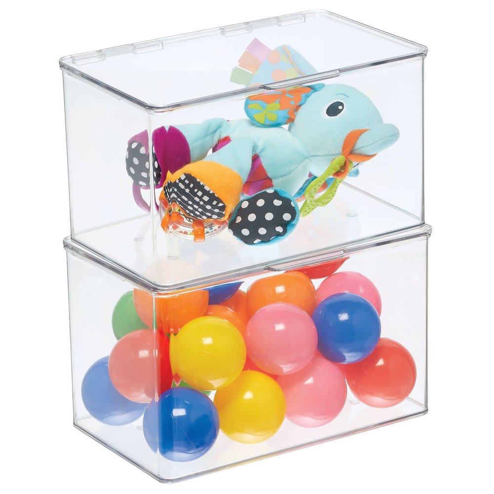 mDesign Set of 2 Storage Boxes with Lids Stackable Plastic Storage Boxes for Nursery Practical Plastic Toy Box Set Clear