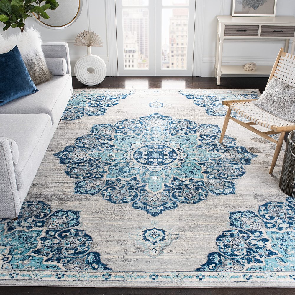 SAFAVIEH Area Rug 8x10 - Brentwood Collection - Large - Navy & Light Grey, Medallion Distressed Design, Non-Shedding & Easy Cleaning, Ideal for Living Room, Bedroom, Office, Dining Space (BNT849M)