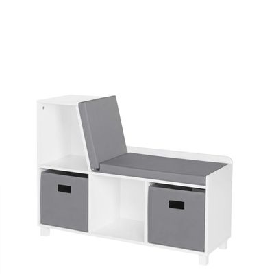 RiverRidge Kids Reading Nook and White Cubby Storage Bench with Comfy Cushioned Seat and Cubbies Toy Organizer, White With Gray Bins