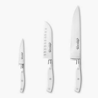 Arcos Forged Knife 3 pieces - Nitrum Stainless Steel and mm blade. 613 gr. Ergonomic Polyoxymethylene POM Handle. Series Riviera Blanc. Thin blade with a characteristic smooth edge. Color White