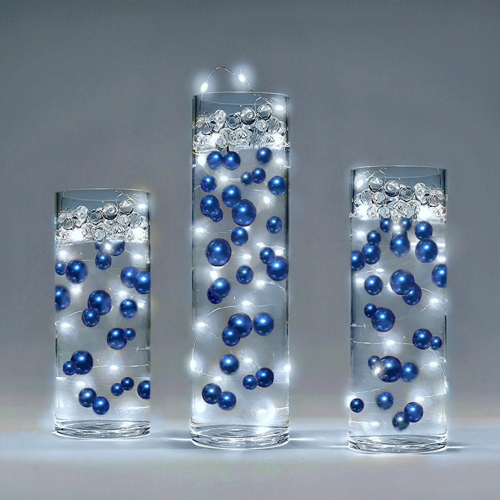 150 Floating Royal Blue/Navy Pearls - Jumbo Sizes - with Must Have Transparent Water Gels KIT for The Best Floating Effect - Fills 2 GL of Gels for Vases-White Submersible Fairy Lights