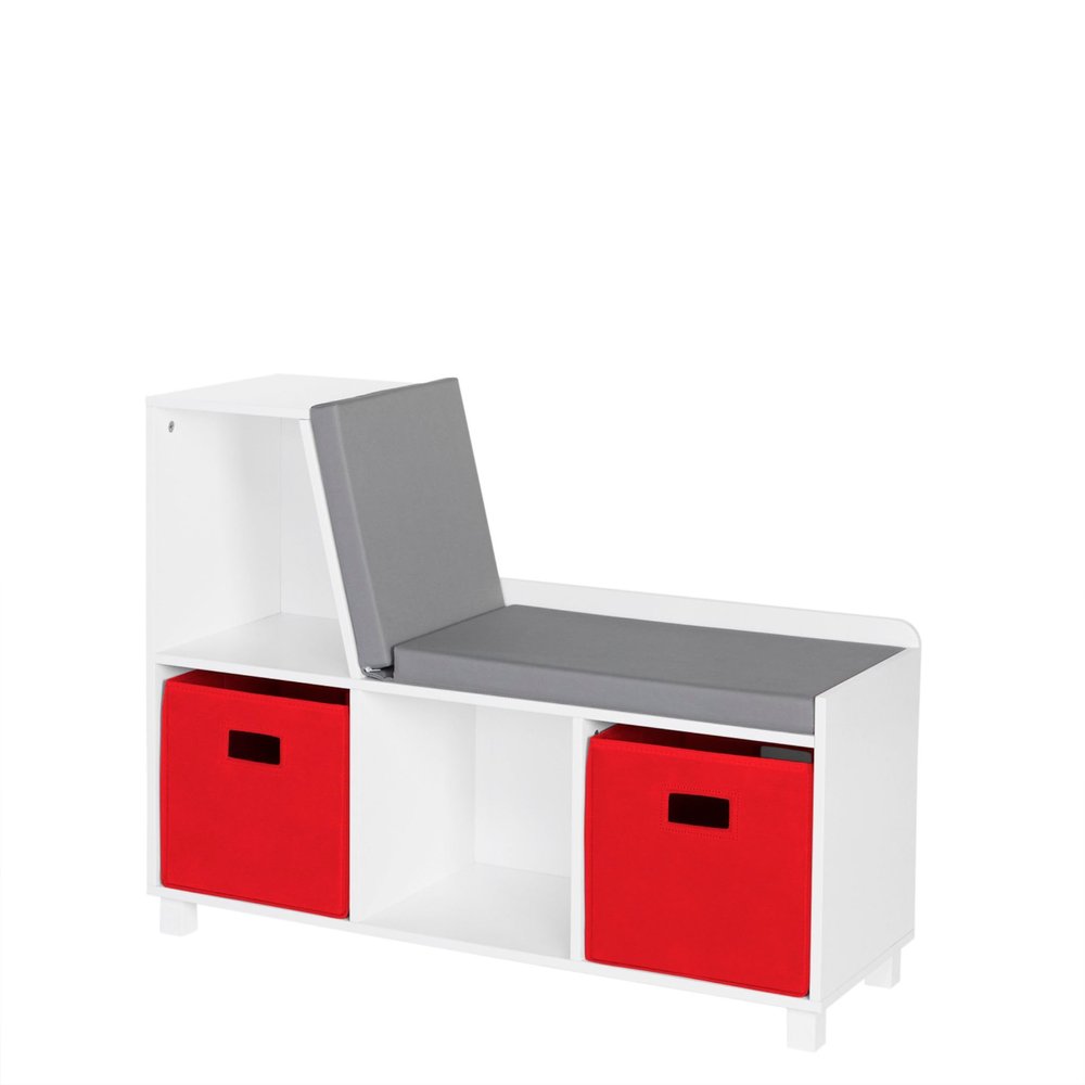 RiverRidge Kids Reading Nook and White Cubby Storage Bench with Comfy Cushioned Seat and Cubbies Toy Organizer, White With Red Bins