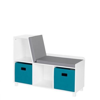 RiverRidge Kids Reading Nook and White Cubby Storage Bench with Comfy Cushioned Seat and Cubbies Toy Organizer, White With Turquoise Bins