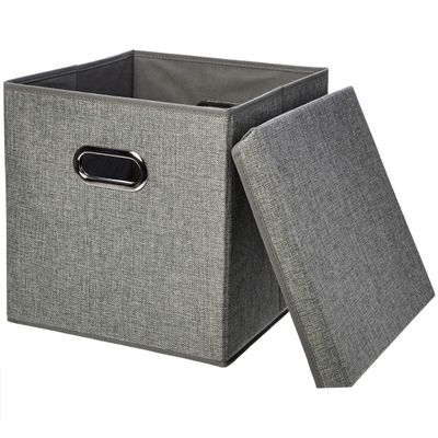 Amazon Basics Foldable Burlap Cloth Cube Storage Bins with Lid, Collapsible Organizing Containers, Stackable and Sturdy, Gray, Set of 2