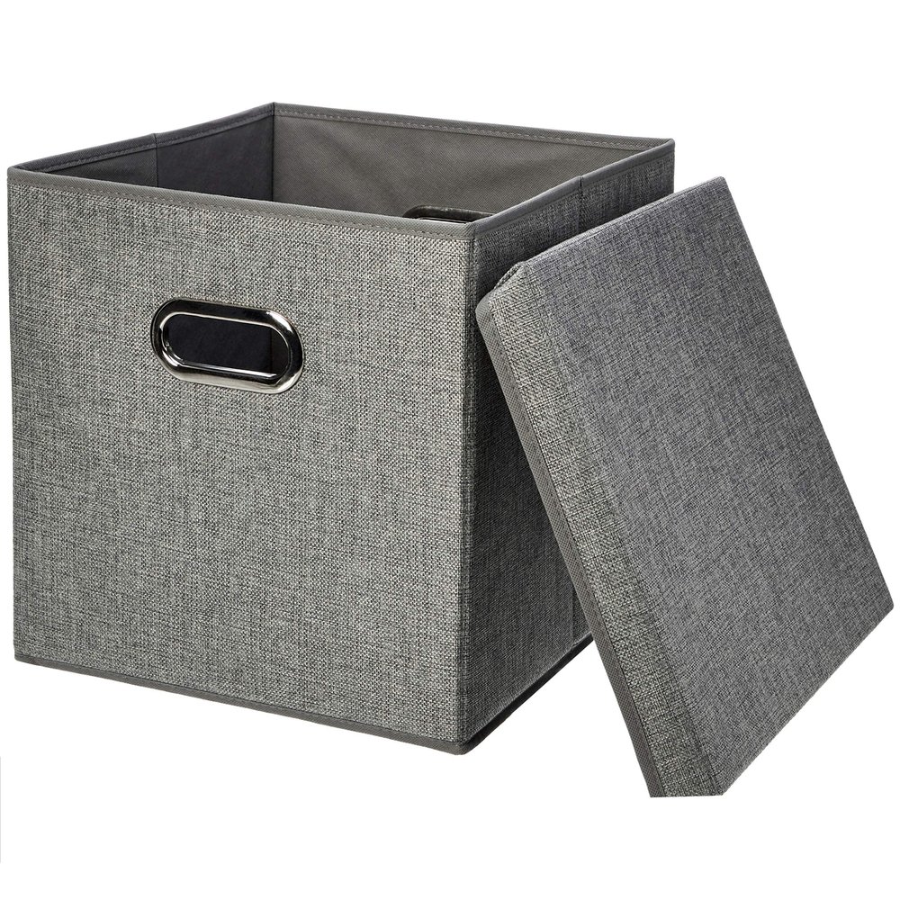 Amazon Basics Foldable Burlap Cloth Cube Storage Bins with Lid, Collapsible Organizing Containers, Stackable and Sturdy, Gray, Set of 2