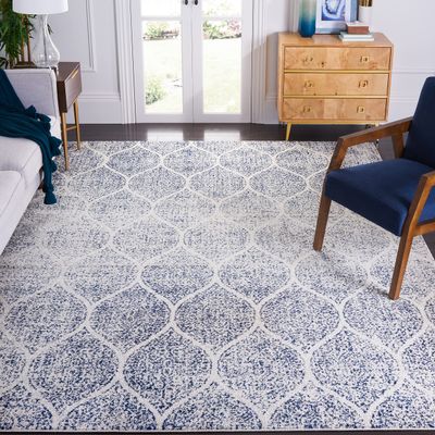 SAFAVIEH Area Rug 8x10 - Madison Collection - Large - Cream & Royal Blue, Glam Trellis Distressed Design, Non-Shedding & Easy Cleaning, Ideal for Living Room, Bedroom, Office, Dining Space (MAD604A)
