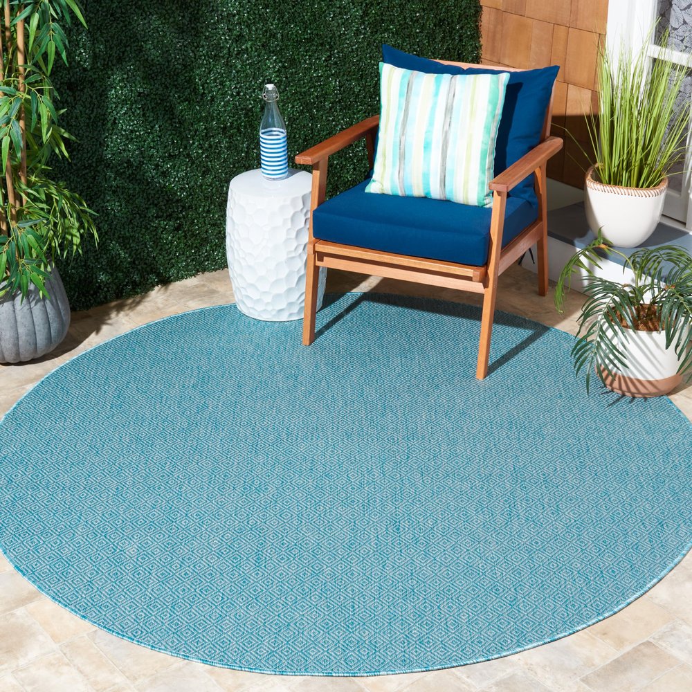 SAFAVIEH Washable Rug Outdoor Courtyard Collection - 5'3" Round, Aqua Blue, Non-Shedding & Easy Cleaning, Ideal for Patio, Backyard, Mudroom (CY8520-37122)