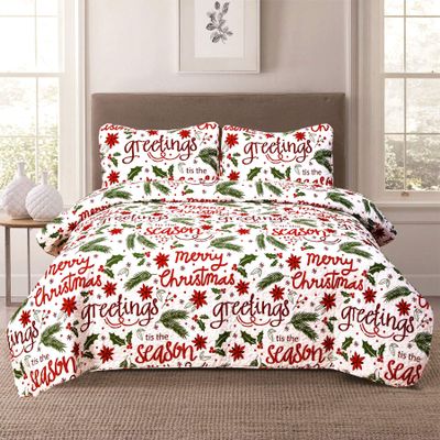 HowPlum Christmas Cheer Winter Script Lightweight Holiday Quilt King Bedding Set, Red Green White