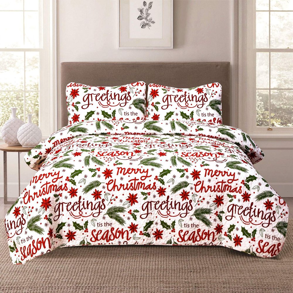 HowPlum Christmas Cheer Winter Script Lightweight Holiday Quilt King Bedding Set, Red Green White
