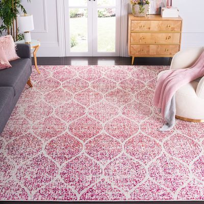 SAFAVIEH Area Rug 8x10 - Madison Collection - Large - Cream & Fuchsia, Glam Ogee Trellis Distressed Design, Non-Shedding & Easy Cleaning, Ideal for Living Room, Bedroom, Office, Dining Space (MAD604R)