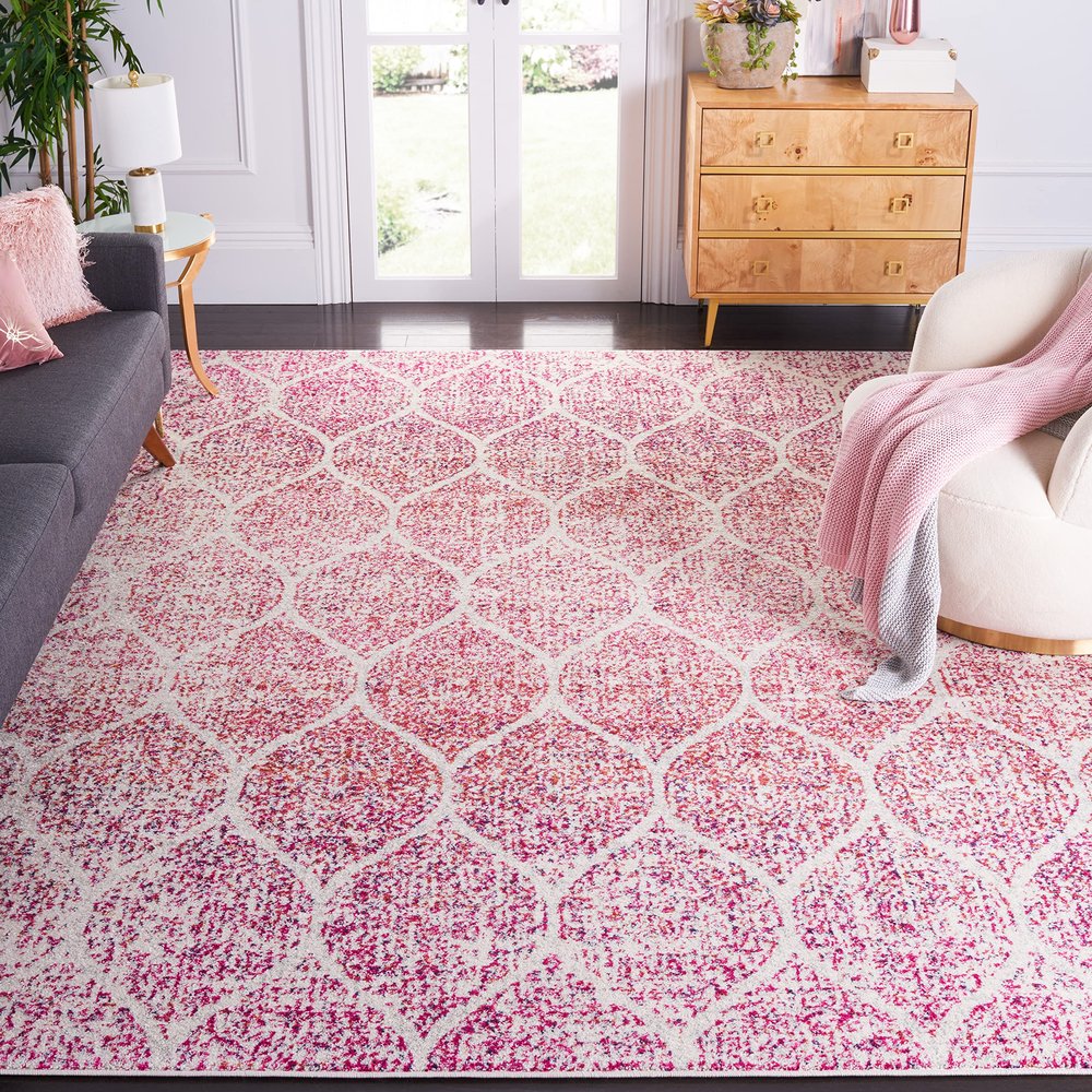 SAFAVIEH Area Rug 8x10 - Madison Collection - Large - Cream & Fuchsia, Glam Ogee Trellis Distressed Design, Non-Shedding & Easy Cleaning, Ideal for Living Room, Bedroom, Office, Dining Space (MAD604R)