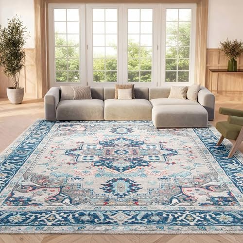 SAFAVIEH Area Rug 8x10 - Brentwood Collection - Large - Light Grey & Blue, Medallion Distressed Design, Non-Shedding & Easy Cleaning, Ideal for Living Room, Bedroom, Office, Dining Space (BNT811G)