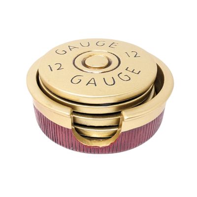 12 Gauge Shotgun Shell Coaster Set 4 pcs Western Hunting Drink Coasters with Holder Durable Resin Gold and Red DesignCoffee Bar, Man Cave, Lodge Dcor Great Gift for Men & Hunting Enthusiasts