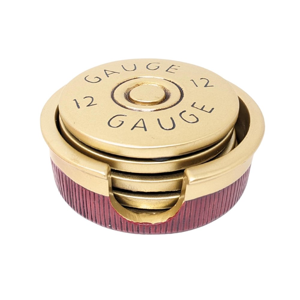 12 Gauge Shotgun Shell Coaster Set 4 pcs Western Hunting Drink Coasters with Holder Durable Resin Gold and Red DesignCoffee Bar, Man Cave, Lodge Dcor Great Gift for Men & Hunting Enthusiasts
