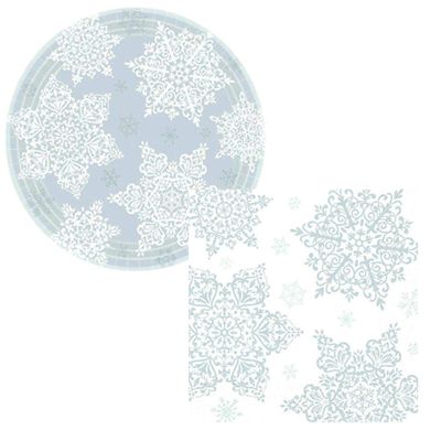 Winter Holiday Silver and White Snowflake Plates & Napkins Party Supply Kit: Big Party Bundle Includes Paper Dinner Plates and Napkins for up to 60 Guests in a Shining Season Design