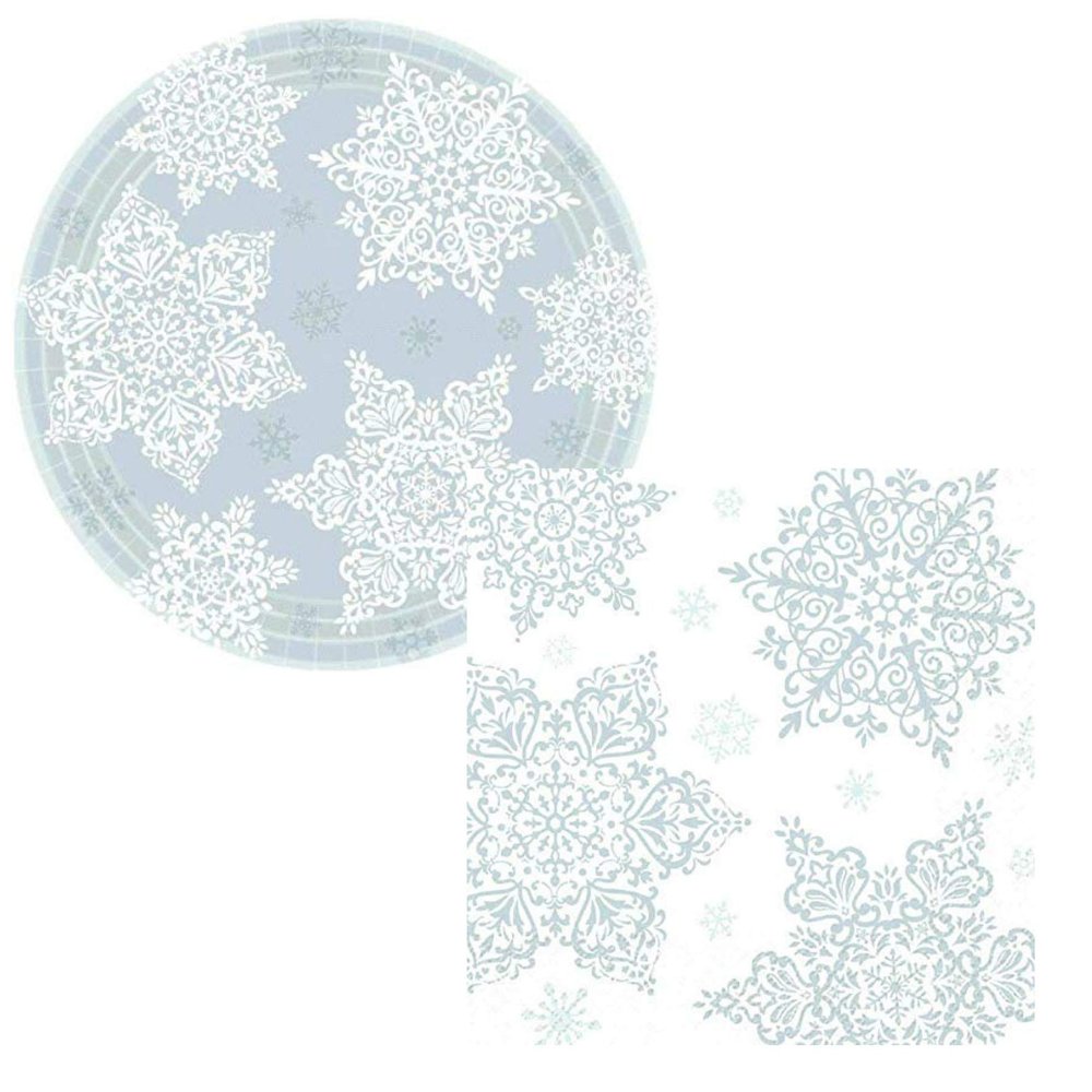 Winter Holiday Silver and White Snowflake Plates & Napkins Party Supply Kit: Big Party Bundle Includes Paper Dinner Plates and Napkins for up to 60 Guests in a Shining Season Design
