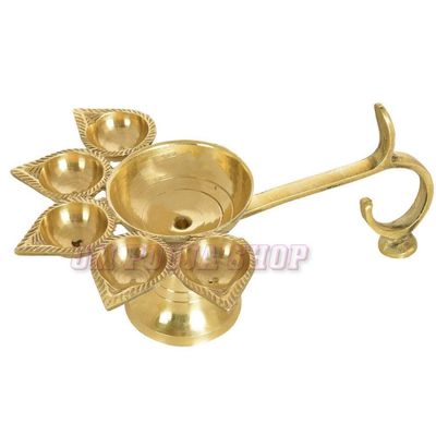Om Pooja Shop Panch Aarti Brass Diya (8 inches) - Ghee Dipam Lamp