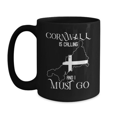 BeeTeeStore Cornwall Traveler Coffee Mug - Cornwall Is Calling I Must Go Design - 11oz Black Ceramic Tea Cup for Cornish Residents and United Kingdom Travel Enthusiasts