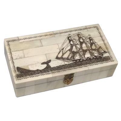 Schooner Bay Co. Vintage Scrimshaw Bone Box, Antique Style Nautical Whaling Sailing Boat, 6-1/4' Hinged Lid, Jewelry Trinket