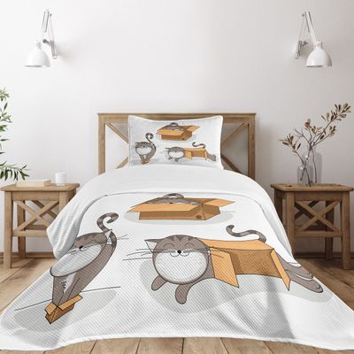 Ambesonne Cat Bedspread Set, Cartoon Cat Trying Fit Different Sized Cardboard Boxes Domestic Companion, 3 Piece Decorative Bedding Coverlet and 2 Pillow Shams, Twin Size, Sand Brown Warm Taupe