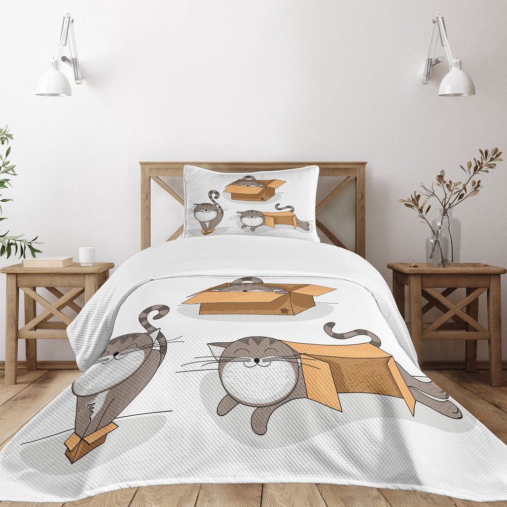 Ambesonne Cat Bedspread Set, Cartoon Cat Trying Fit Different Sized Cardboard Boxes Domestic Companion, 3 Piece Decorative Bedding Coverlet and 2 Pillow Shams, Twin Size, Sand Brown Warm Taupe