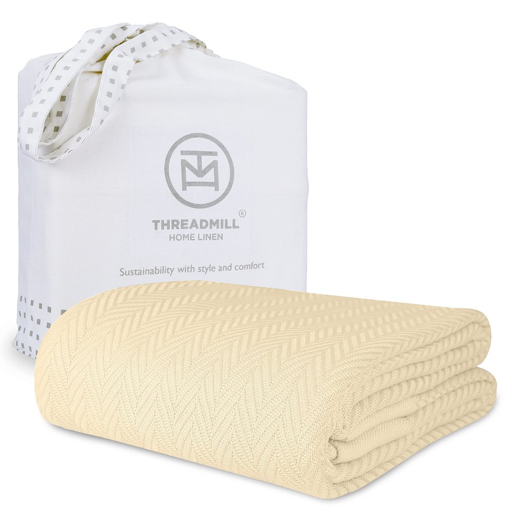 Threadmill Vanilla Cream 100% Combed Cotton King Size Blanket, All-Season Soft Breathable Light Weight Herringbone Throw