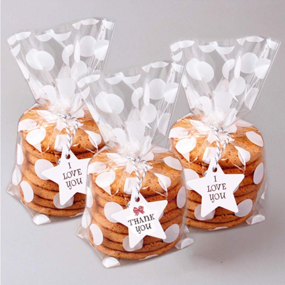 JOERSH 200 Pack Cellophane Treat Bags, 5x8 Inch Clear Goodie Bags with Bottom Gusset, White Polka Dots Plastic Gift Wrap for Cookies, Candy, Party Favors, Popcorn, Includes 200 Silver Ties