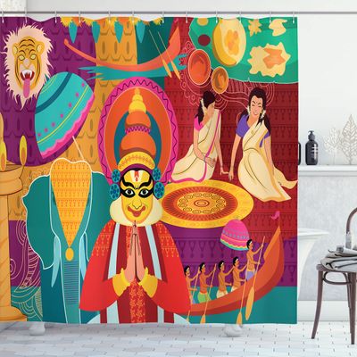 Lunarable Kerala Shower Curtain, Performance Scenery Artwork Colorful Doodle Native People in Costumes, Cloth Fabric Bathroom Decor Set with Hooks, 69" W x 70" L, Multicolor