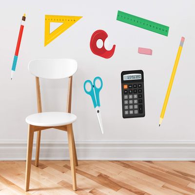 School Supplies Fabric Wall Decals - Set of 8 with Ruler, Scissors, Calculator, Pencil, Pen, Eraser, Triangle, Tape Dispenser - Removable, Reusable, Respositionable