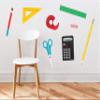 School Supplies Fabric Wall Decals - Set of 8 with Ruler, Scissors, Calculator, Pencil, Pen, Eraser, Triangle, Tape Dispenser - Removable, Reusable, Respositionable view 1