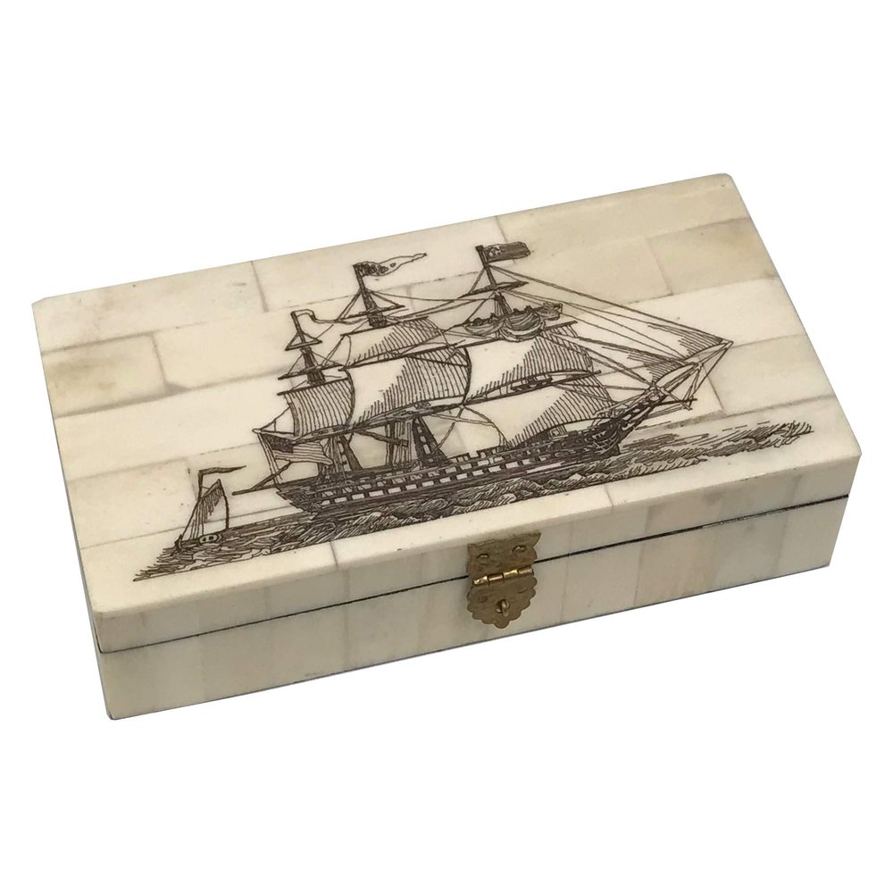 Schooner Bay Co. Whale and Ship Vintage Scrimshaw Bone Box Antique Vintage Style Nautical Ship Sailing Boat 6-1/4 Hinged Lid for Jewelry Trinket