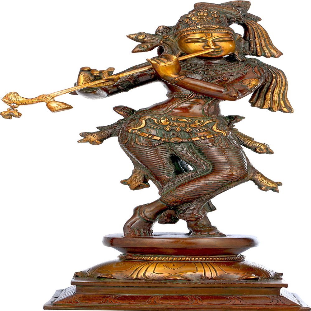 Exotic India Krishna Playing on Flute - Brass Statue - Color Amazing Double Chola Color
