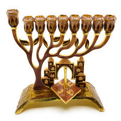 Ayuni Gifts of the World Chanukah Menorah with Removable Dreidel Enamel Hand Painted Enamel on Pewter (Copper/Mauve)