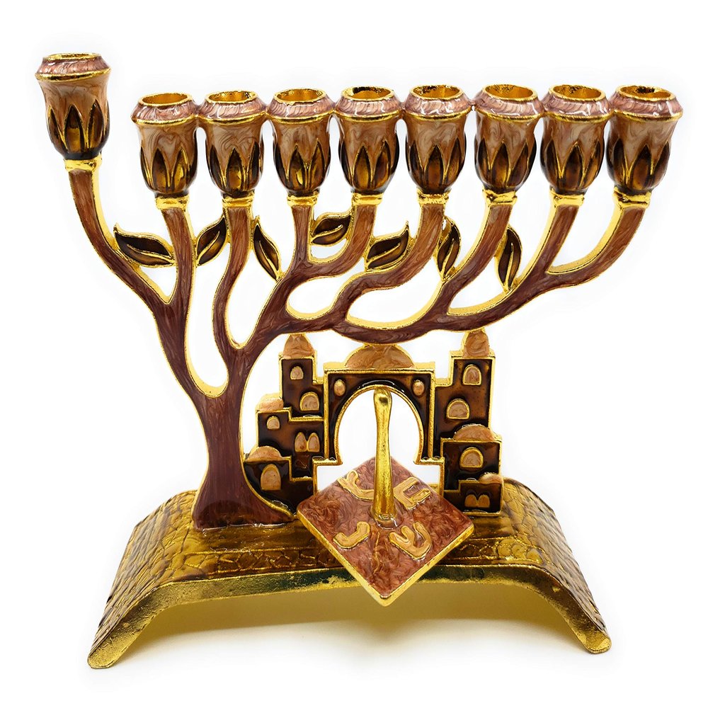 Ayuni Gifts of the World Chanukah Menorah with Removable Dreidel Enamel Hand Painted Enamel on Pewter (Copper/Mauve)