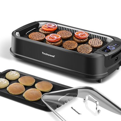 Indoor Smokeless Grill, Techwood 1500W Electric Indoor Grill with Tempered Glass Lid, Portable Non-stick BBQ Korean, Turbo Smoke Extractor Technology, Drip Tray& Double Removable Plate, Black